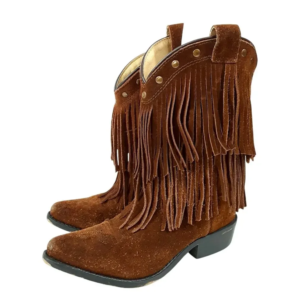Smokey Mountain Boots Wisteria Cowgirl Boots Girls 1 Double Fringe Brown Suede